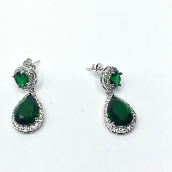 Women's Drop Dangle Emerald Simulated Silver Tone Earrings - Picture 6 of 10